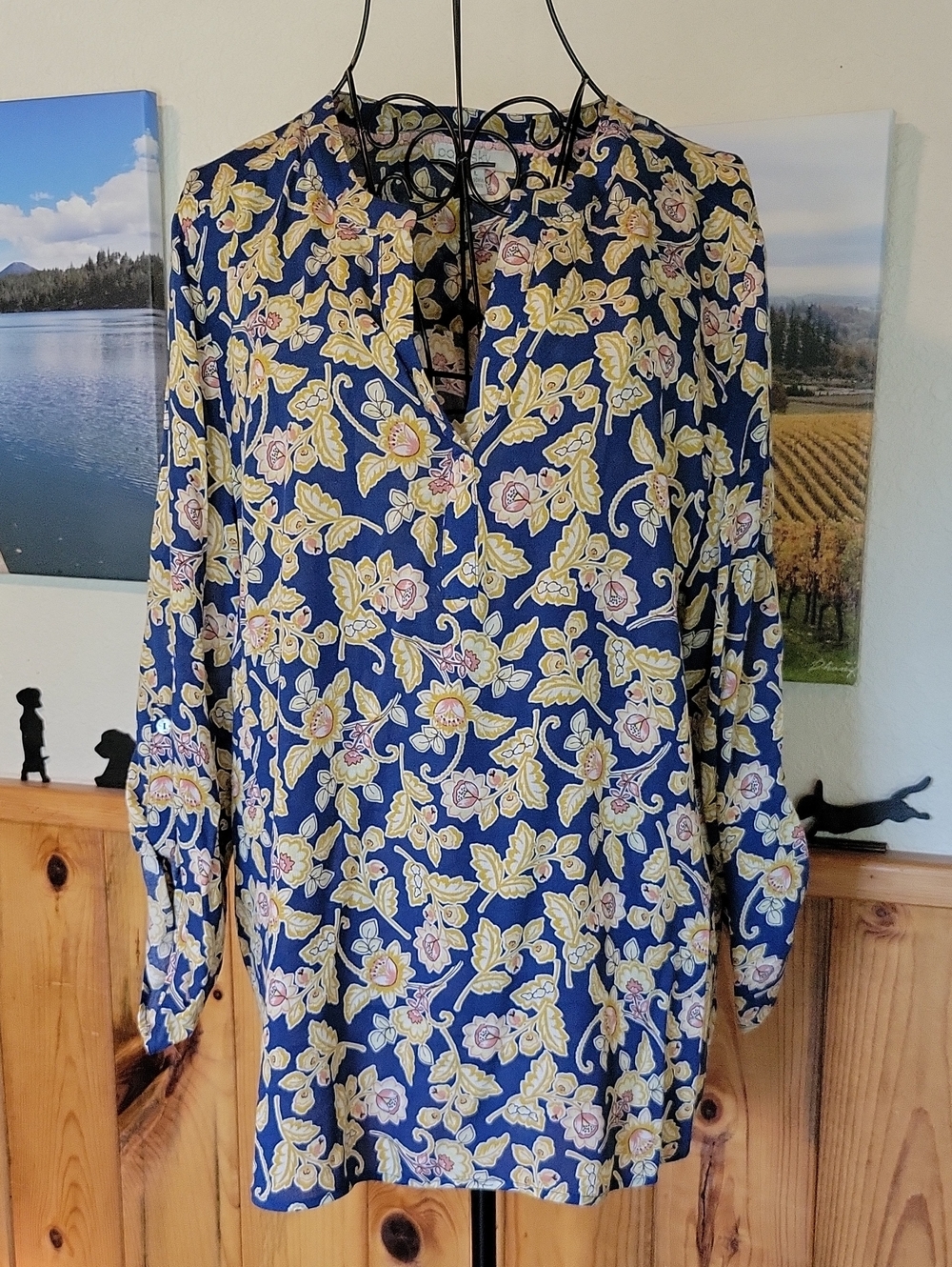 Floral Navy V-Neck Blouse with Yellow Accents